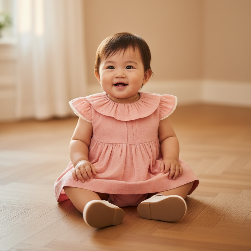Baby Girl in Pink Dress - Seated on Wooden Floor
