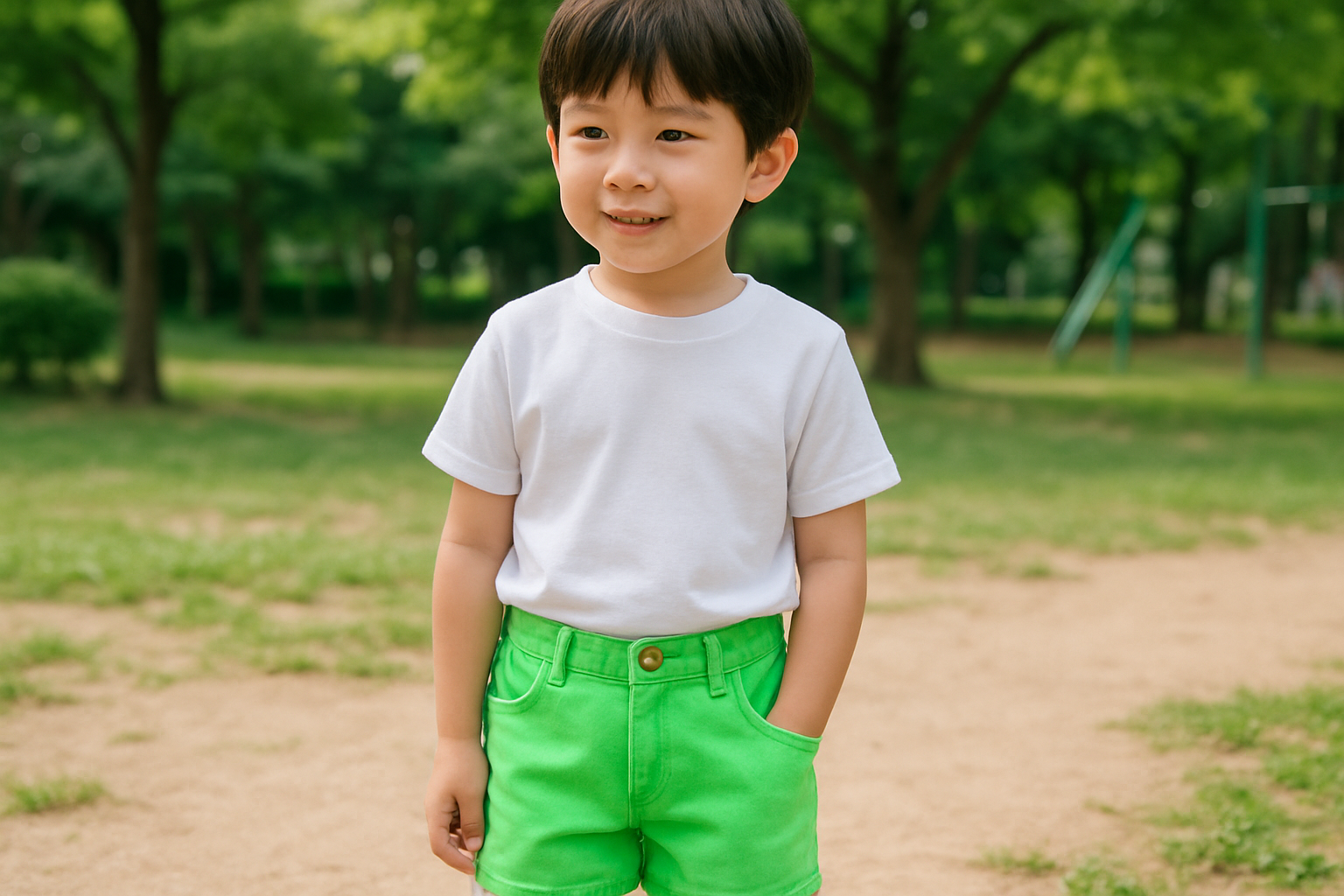 Boy wearing bright green shorts