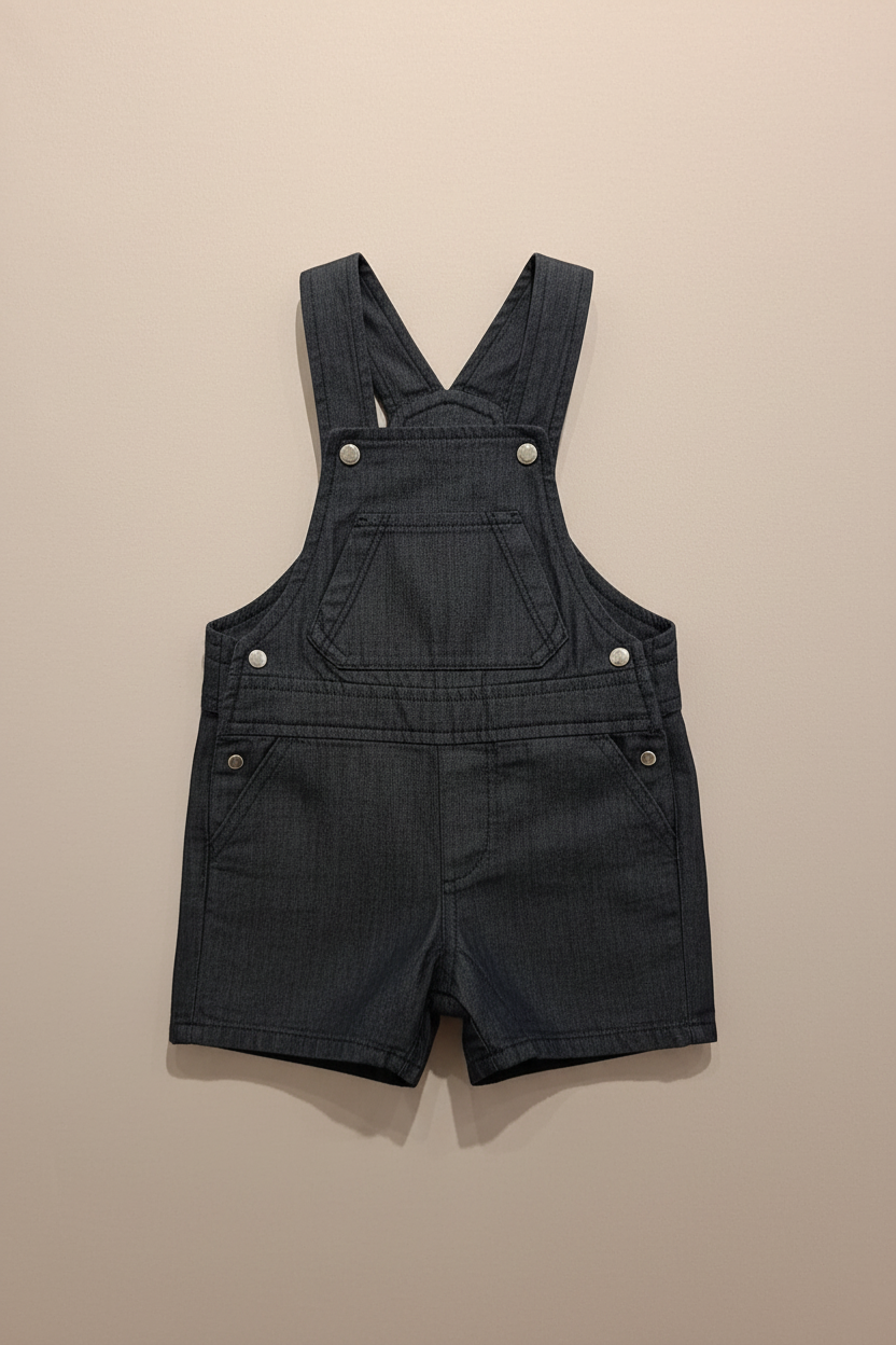 Dark navy denim dungaree shorts flat lay beige background
