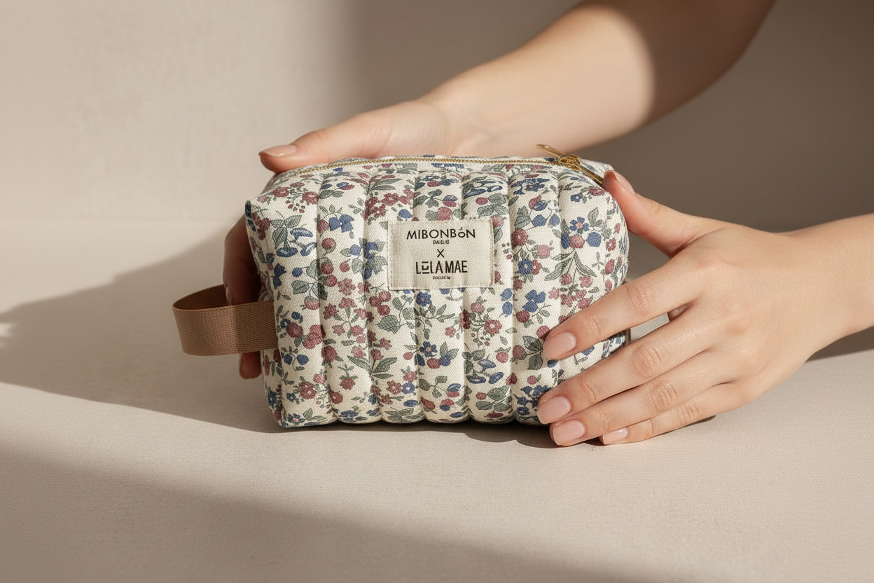 Floral toiletry bag in hands lifestyle photo
