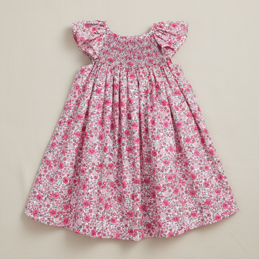 Front product photo of pink floral dress on beige background