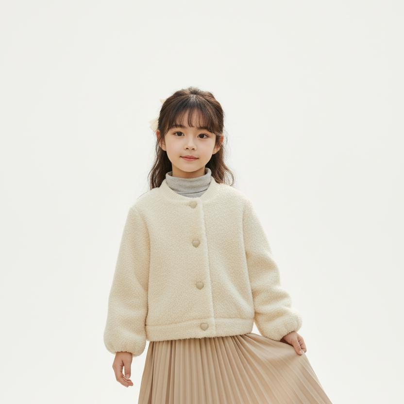 Girl in cream fuzzy jacket on white background