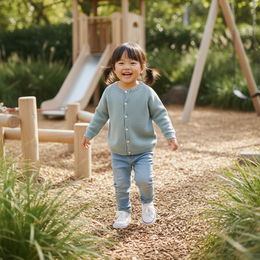 Girl in Sage Cardigan - Outdoor Play Area