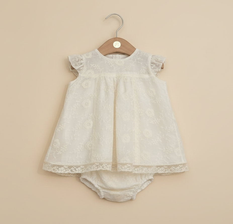 Ivory Embroidered Baby Dress - Beige Background