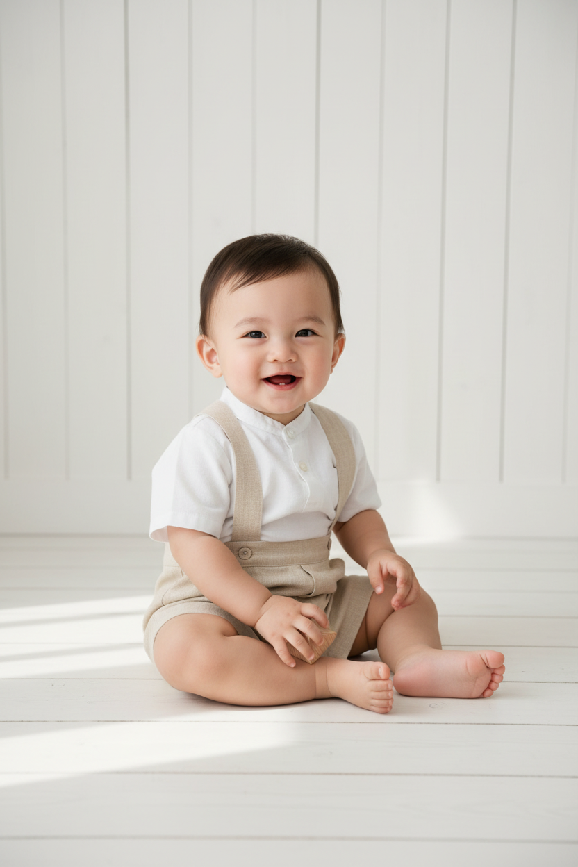 Lifestyle photo of Asian baby boy wearing beige suspender shorts with white Mao collar shirt