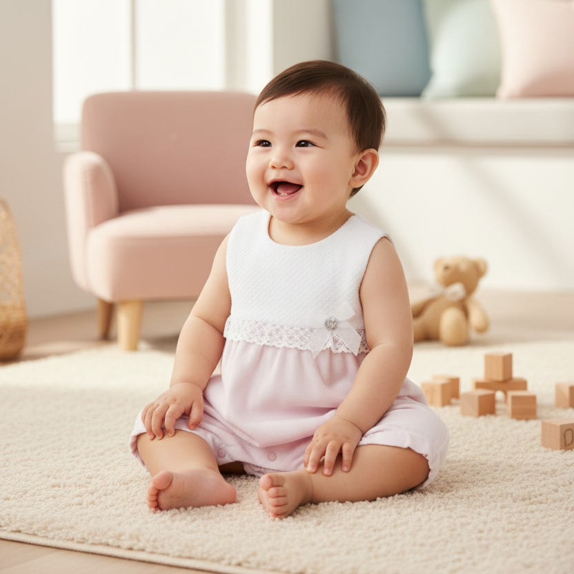 Lifestyle photo of Asian baby wearing pink romper seated on floor