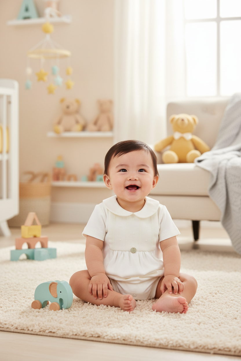 Lifestyle photo of Asian baby wearing white romper with toy on floor