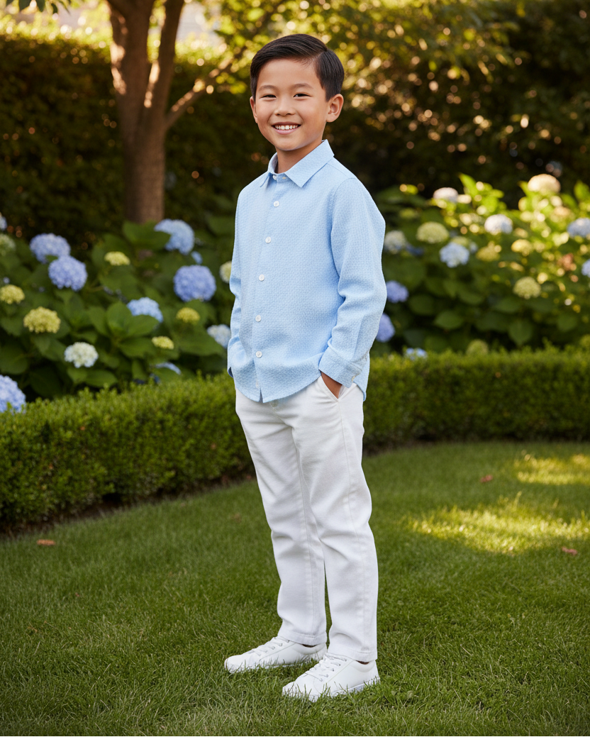 Lifestyle photo of Asian boy wearing blue shirt and white pants in elegant backyard
