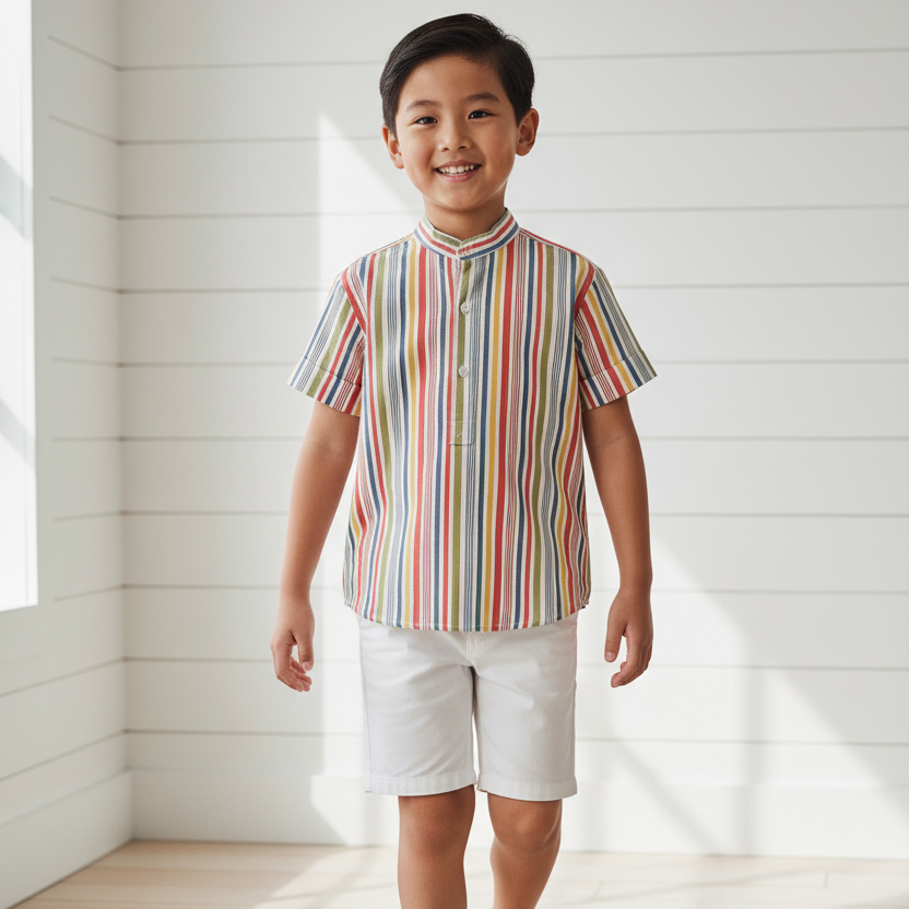 Lifestyle photo of Asian boy wearing colorful striped Mao collar shirt with unbuttoned collar and white shorts