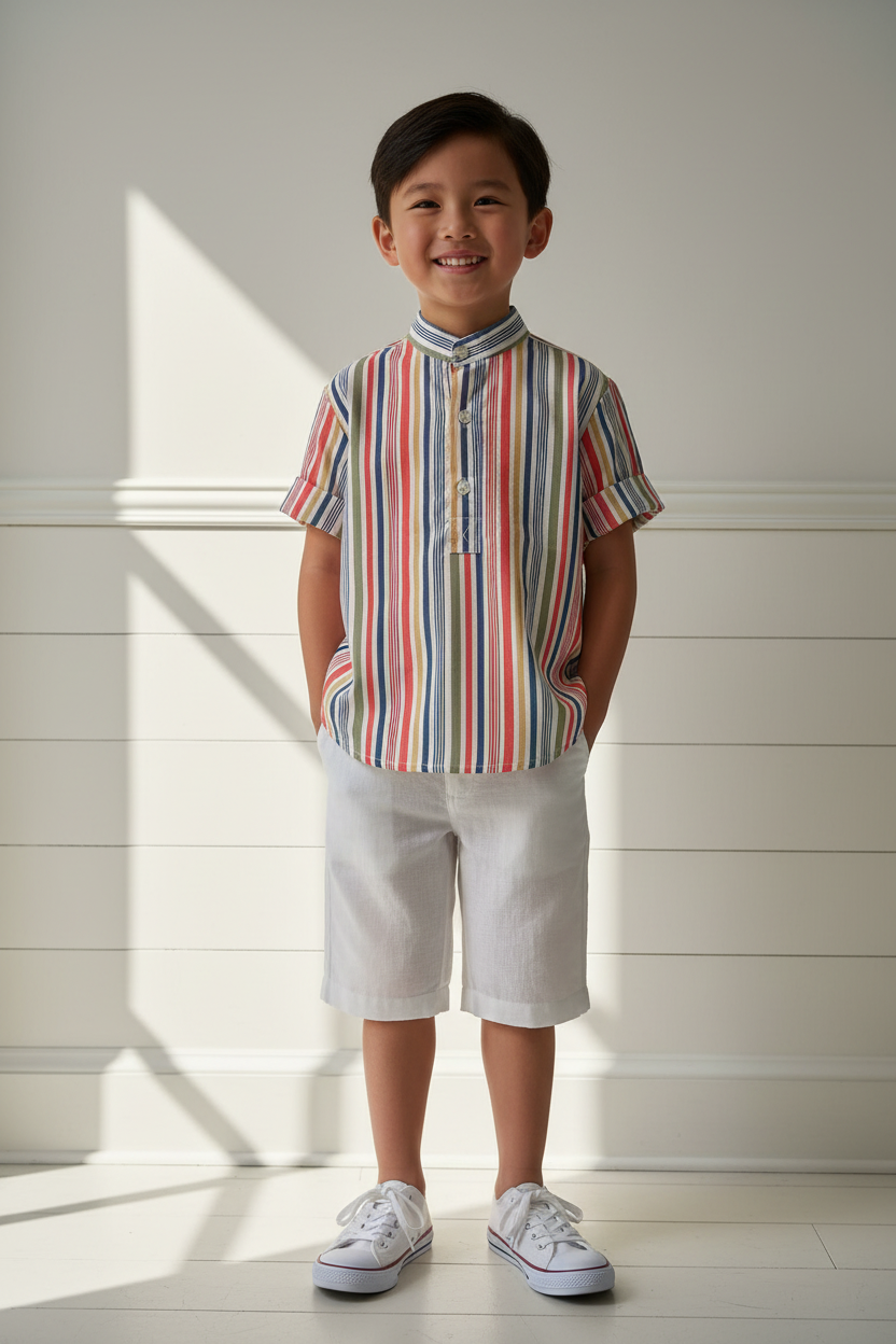 Lifestyle photo of Asian boy wearing colorful striped sailor collar shirt with white shorts and white sneakers