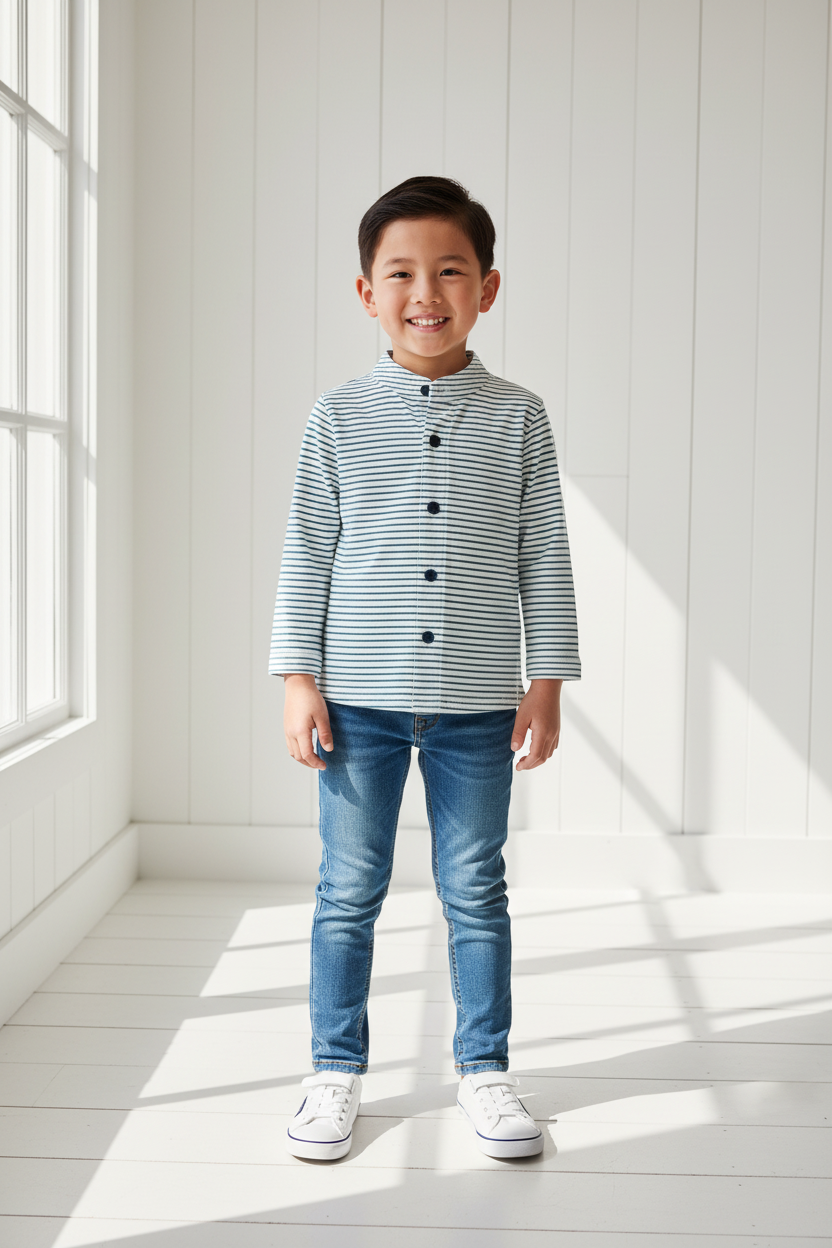 Lifestyle photo of Asian boy wearing navy striped Mao collar shirt with unbuttoned collar and jeans
