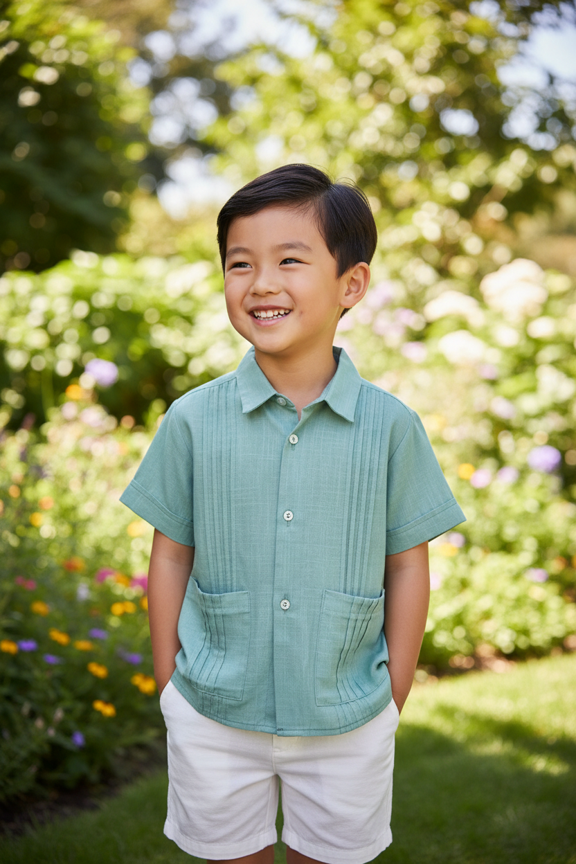 Lifestyle photo of Asian boy wearing sage green guayabera shirt with unbuttoned collar and white shorts