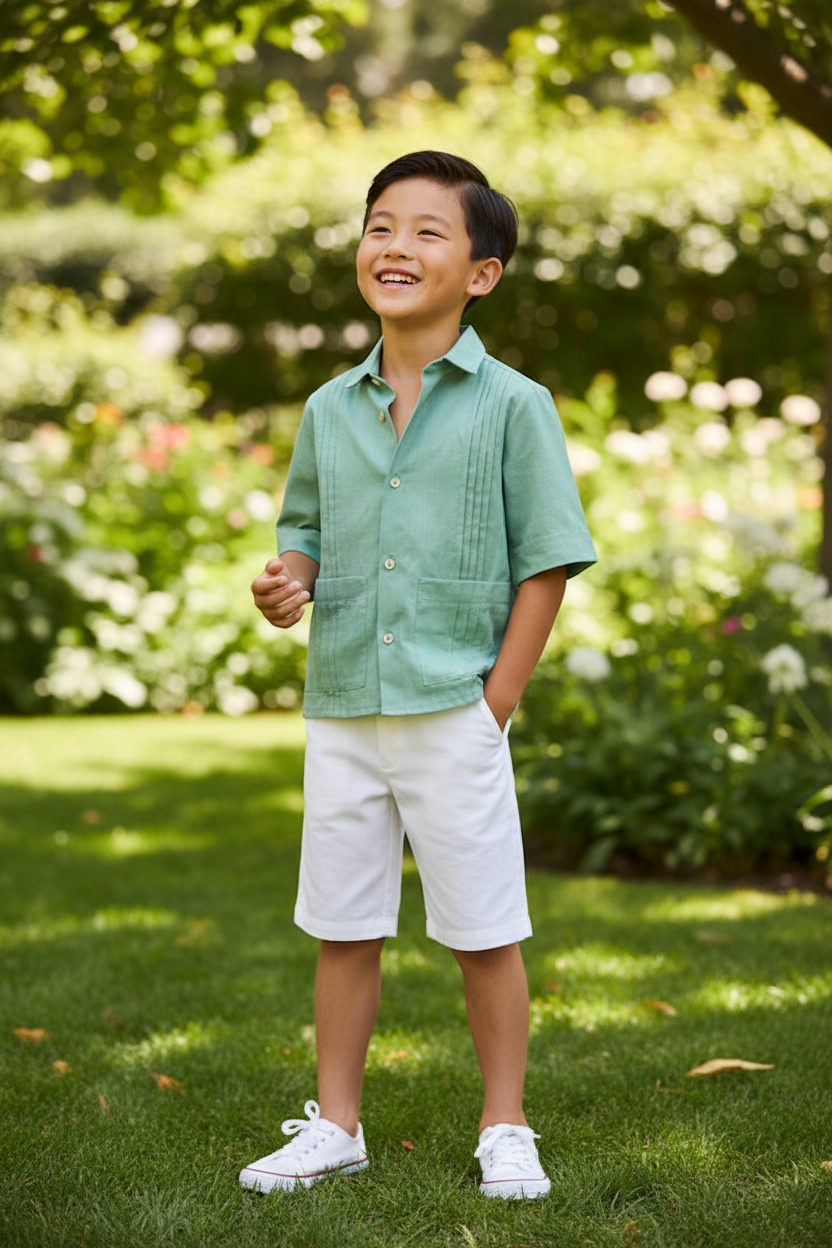 Lifestyle photo of Asian boy wearing sage green guayabera shirt with white shorts outdoors