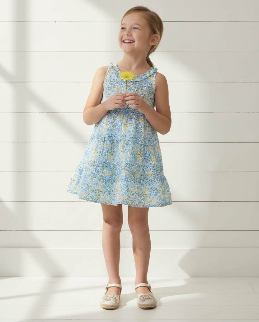 Lifestyle photo of Asian girl wearing blue floral dress with flower, white wooden background
