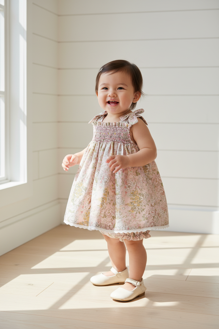 Lifestyle photo of Asian girl wearing floral dress with white wooden background