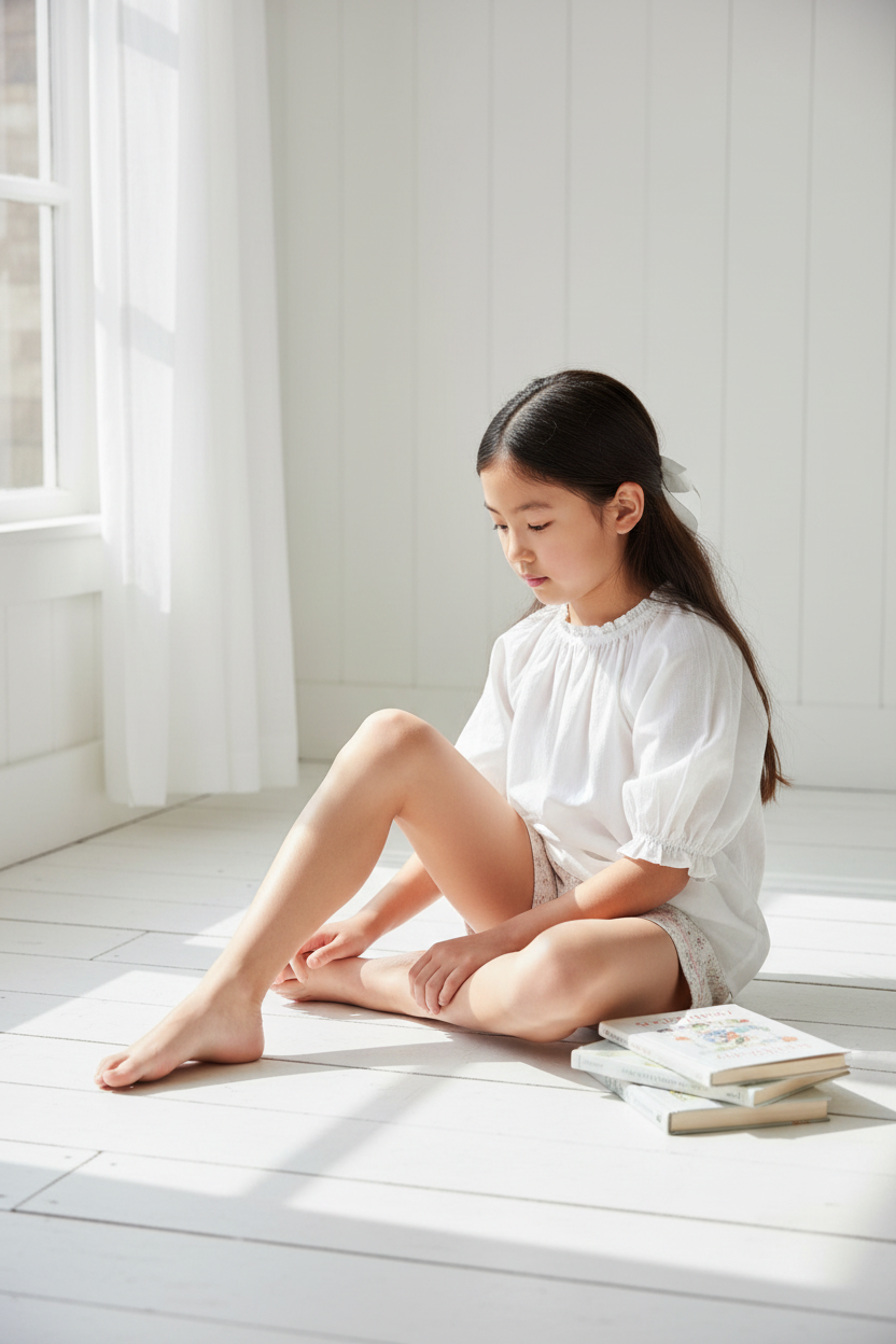 Lifestyle photo of Asian girl wearing floral shorts with white blouse