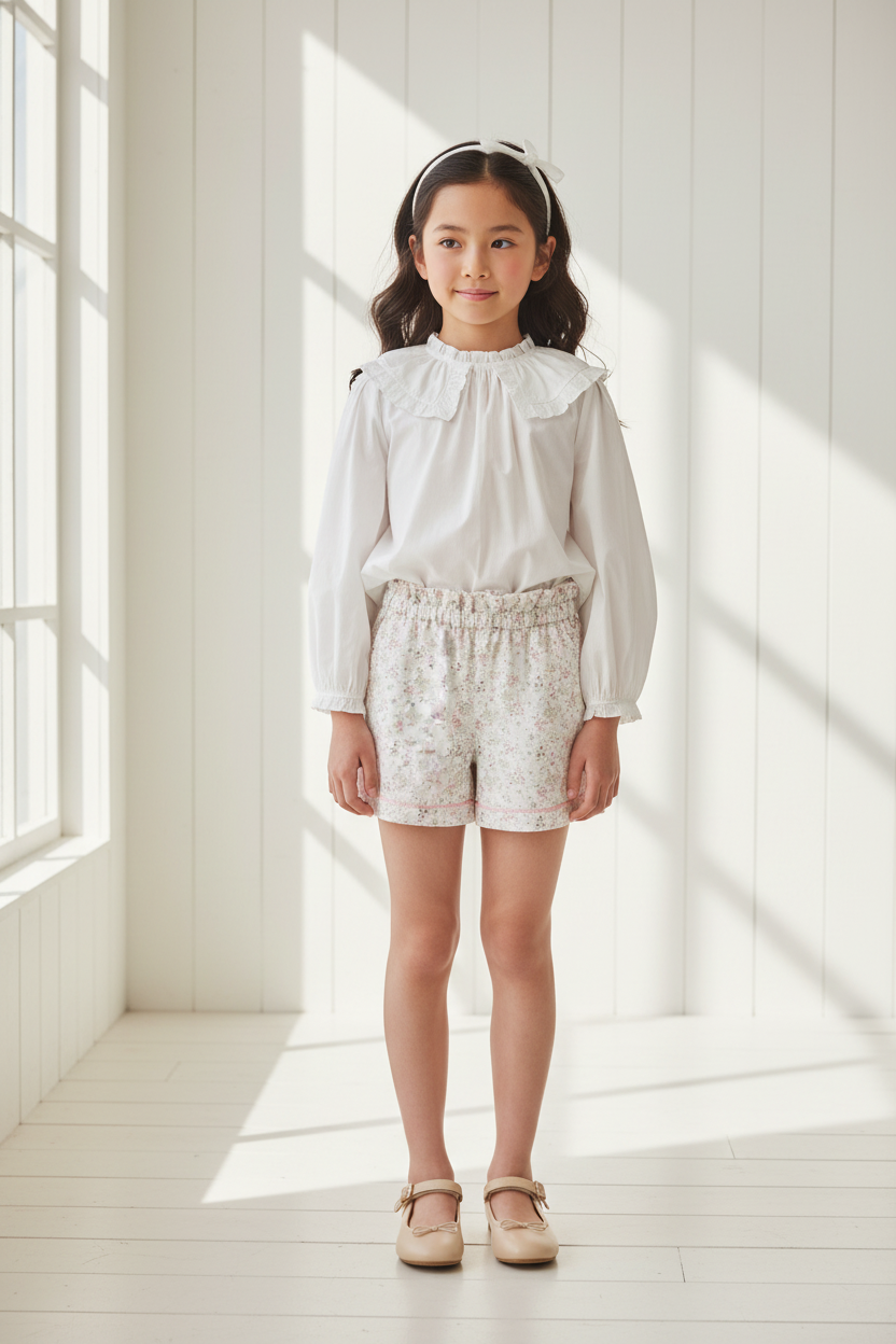 Lifestyle photo with Asian girl wearing floral shorts, white blouse and elegant flat shoes