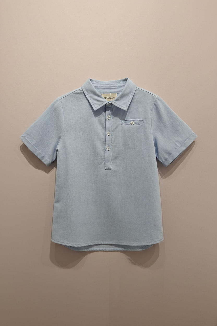Light blue polo shirt flat lay beige background