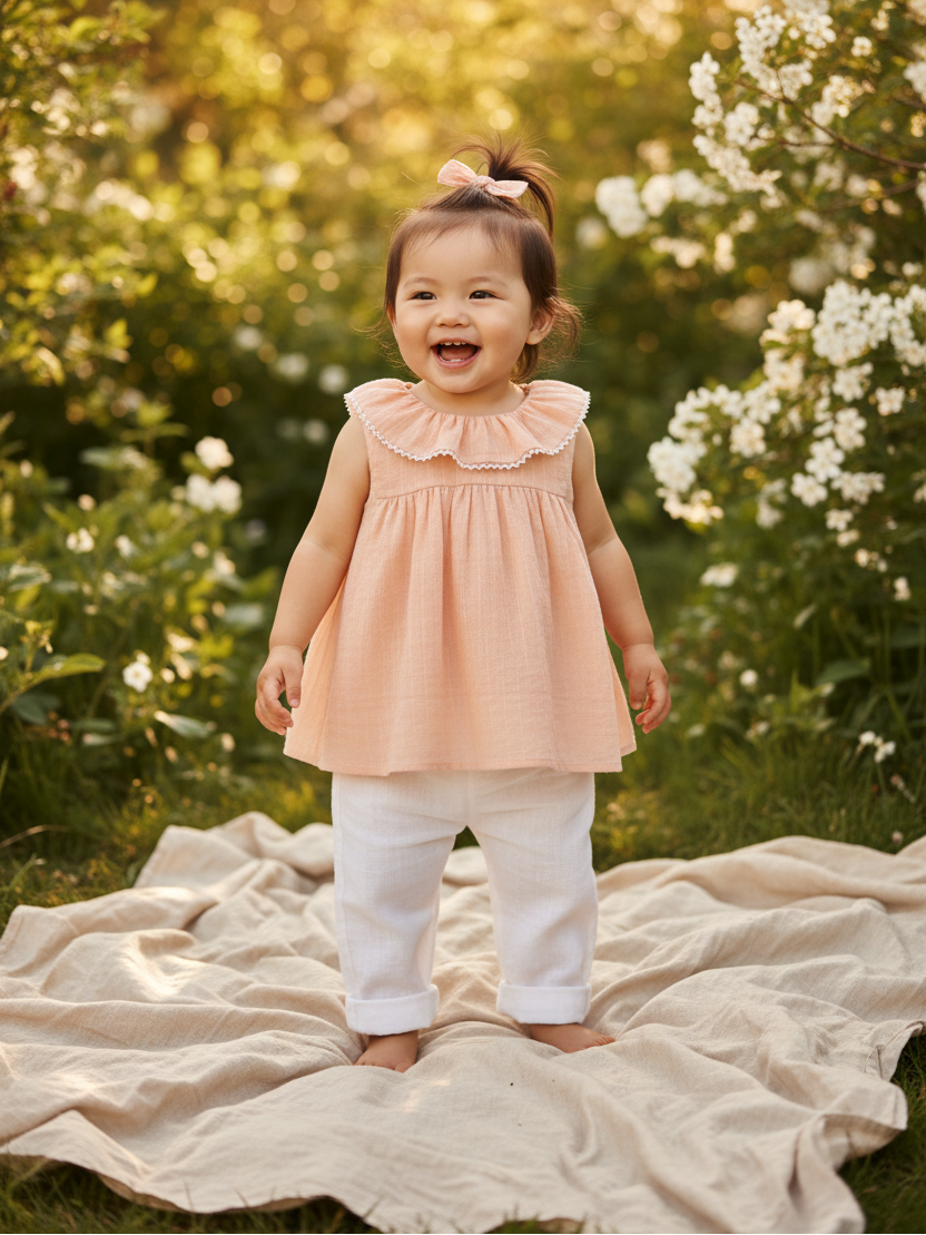 Peach Ruffle Top White Pants — Bonpoint Style