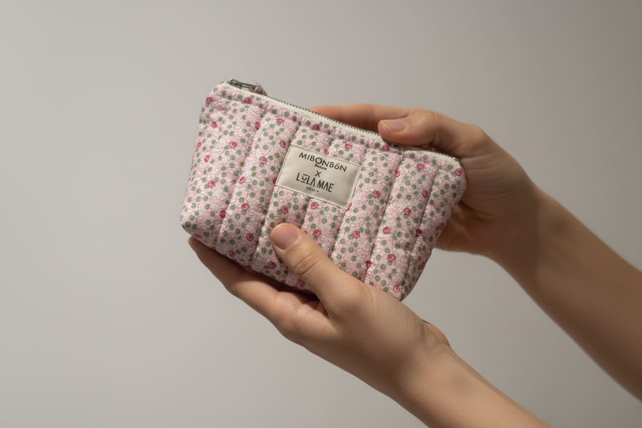 Pink floral pouch in hands lifestyle photo