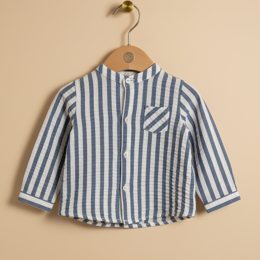 Product photo of navy gingham check shirt on beige background