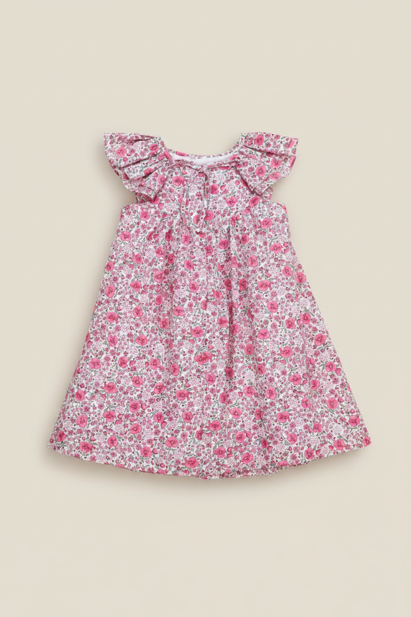 Product photo of pink floral dress on beige background