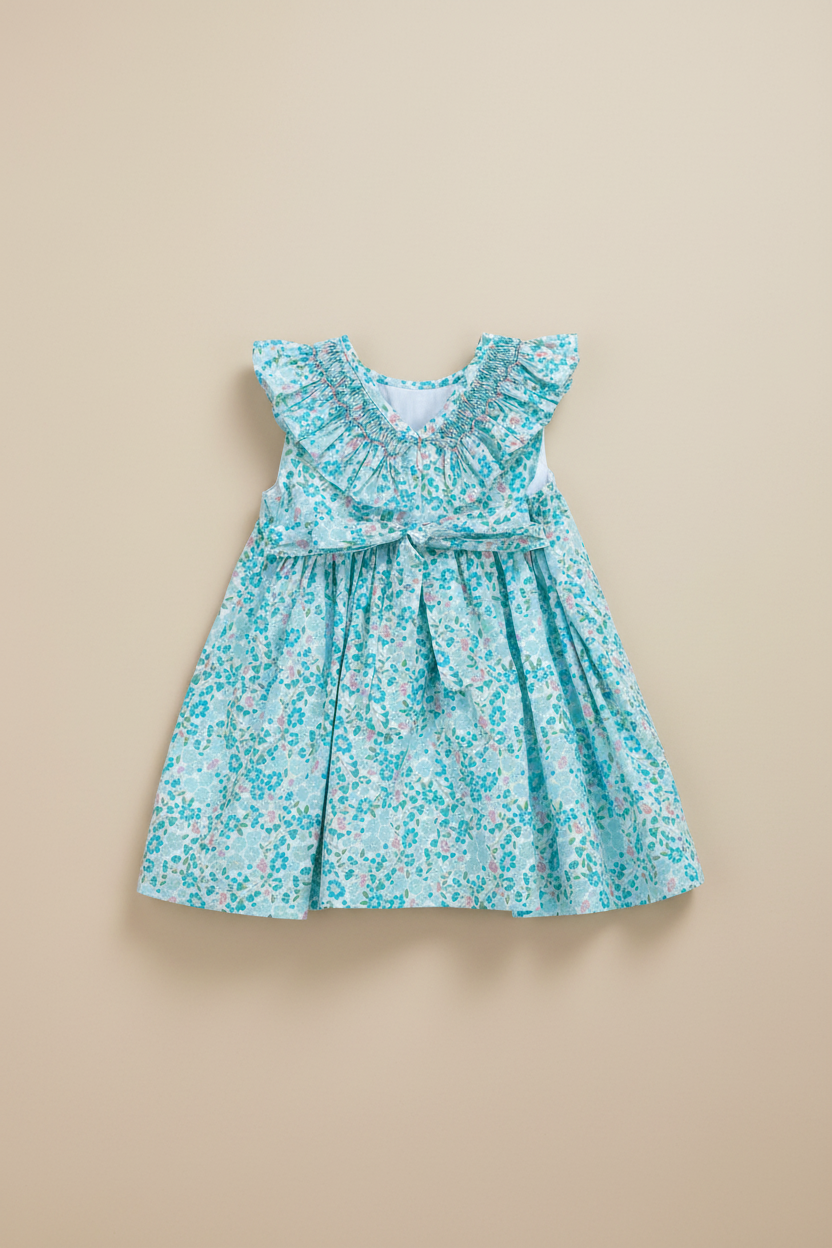 Product photo of turquoise floral dress with bow on beige background