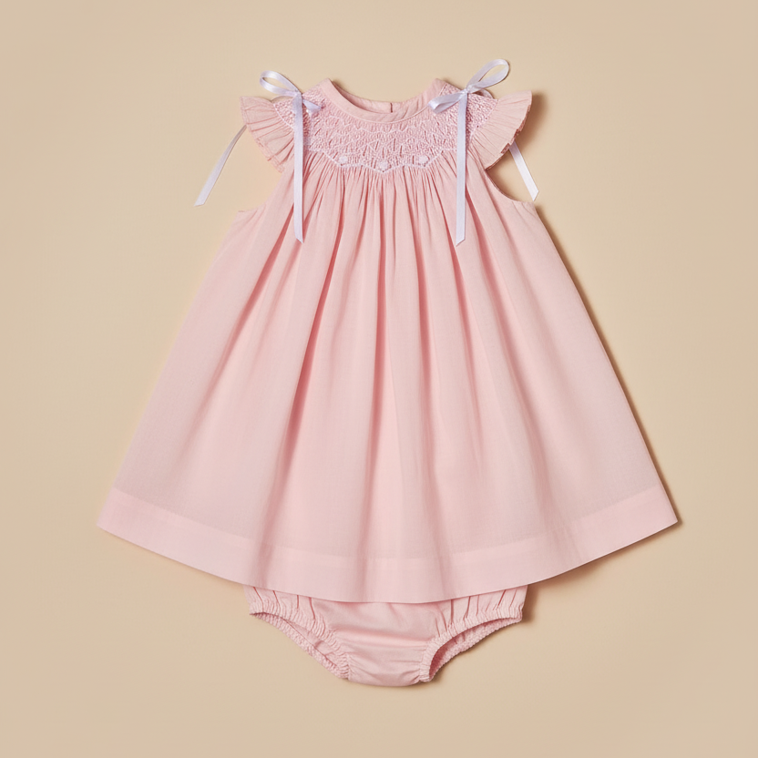 Professional product photo of smocked pink dress on beige background