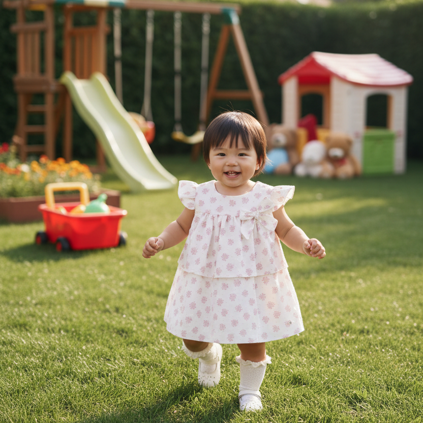 Realistic lifestyle photo of Asian baby girl wearing pink floral dress in kids play area
