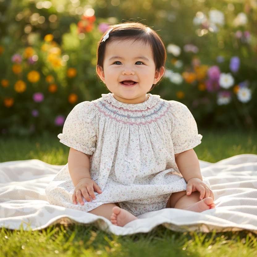 Realistic lifestyle photo of Asian baby girl wearing smocked dress outdoors