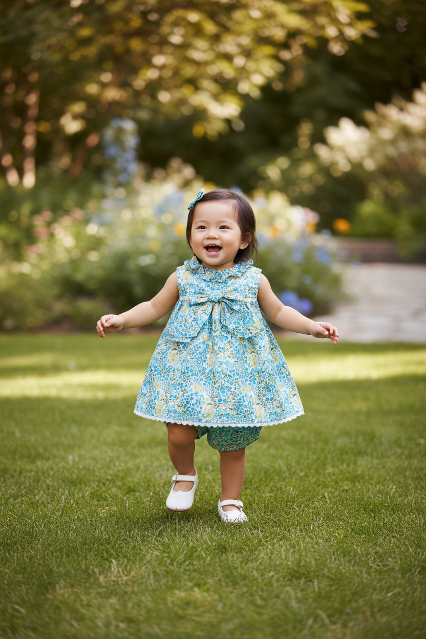 Realistic lifestyle photo of Asian baby girl wearing turquoise Liberty print dress walking on grass