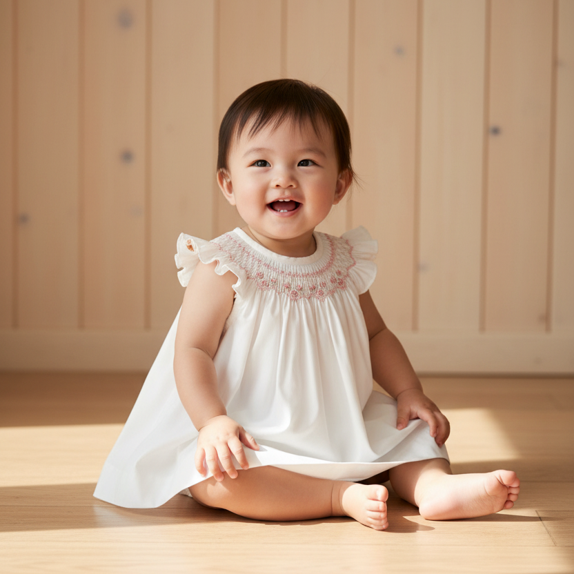 Realistic luxury lifestyle photo of Asian baby girl seated on floor with wooden beige background