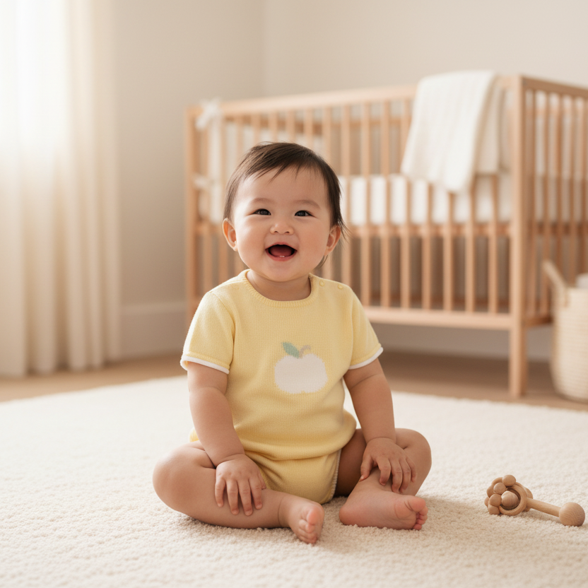 Smiling Asian baby girl in yellow romper with toy on floor