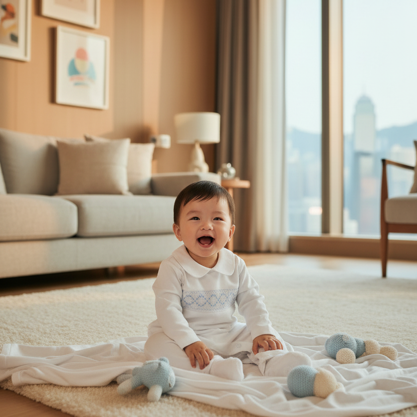 Smiling Hong Kong baby boy in white pajama