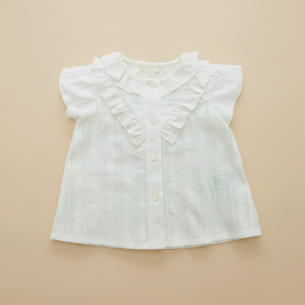 White Ruffle Blouse Professional Flat Lay on Beige