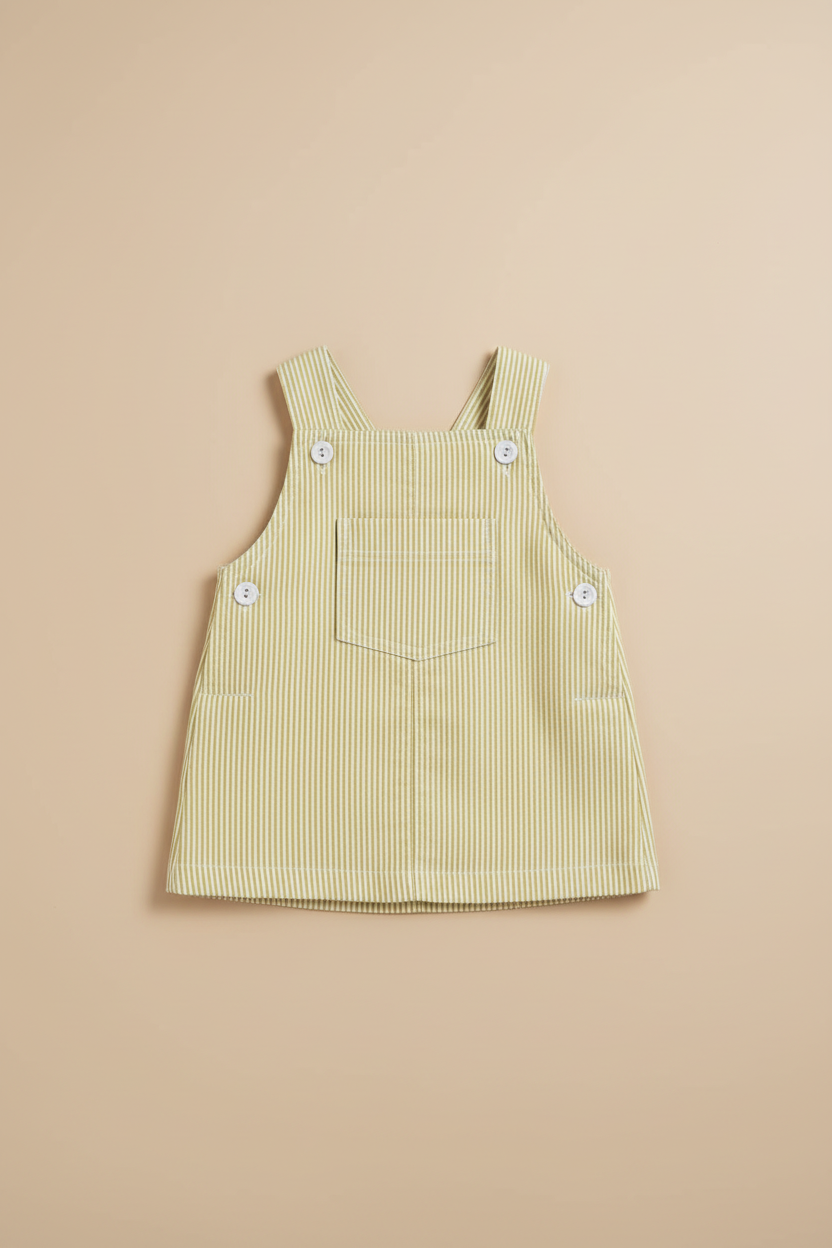 Yellow stripe seersucker dungaree dress flat lay beige background